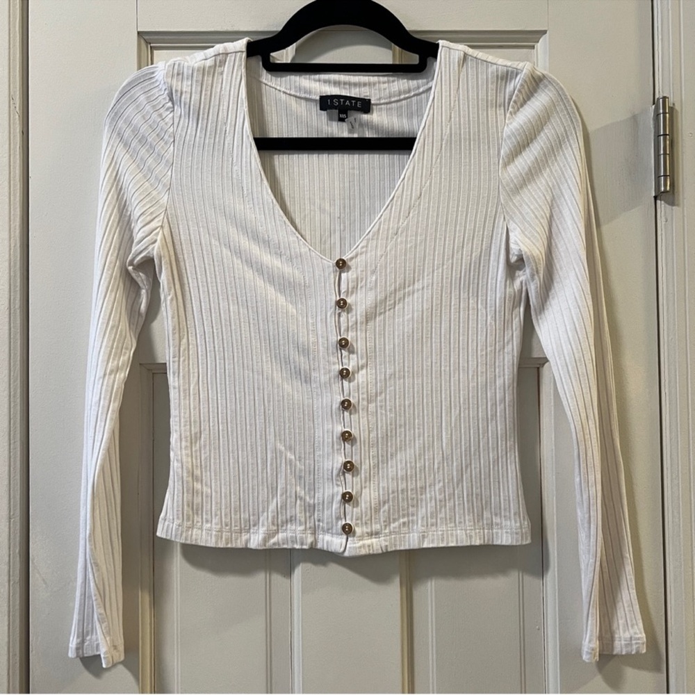 1. State White Fitted Ribbed Button Down Blouse